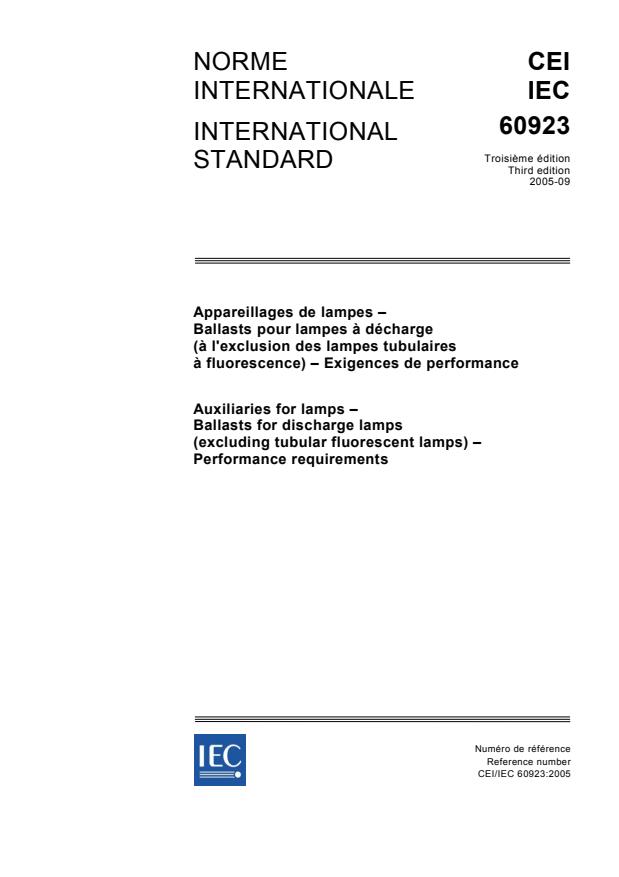 IEC 60923:2005 - Auxiliaries for lamps - Ballasts for discharge lamps (excluding tubular fluorescent lamps) - Performance requirements