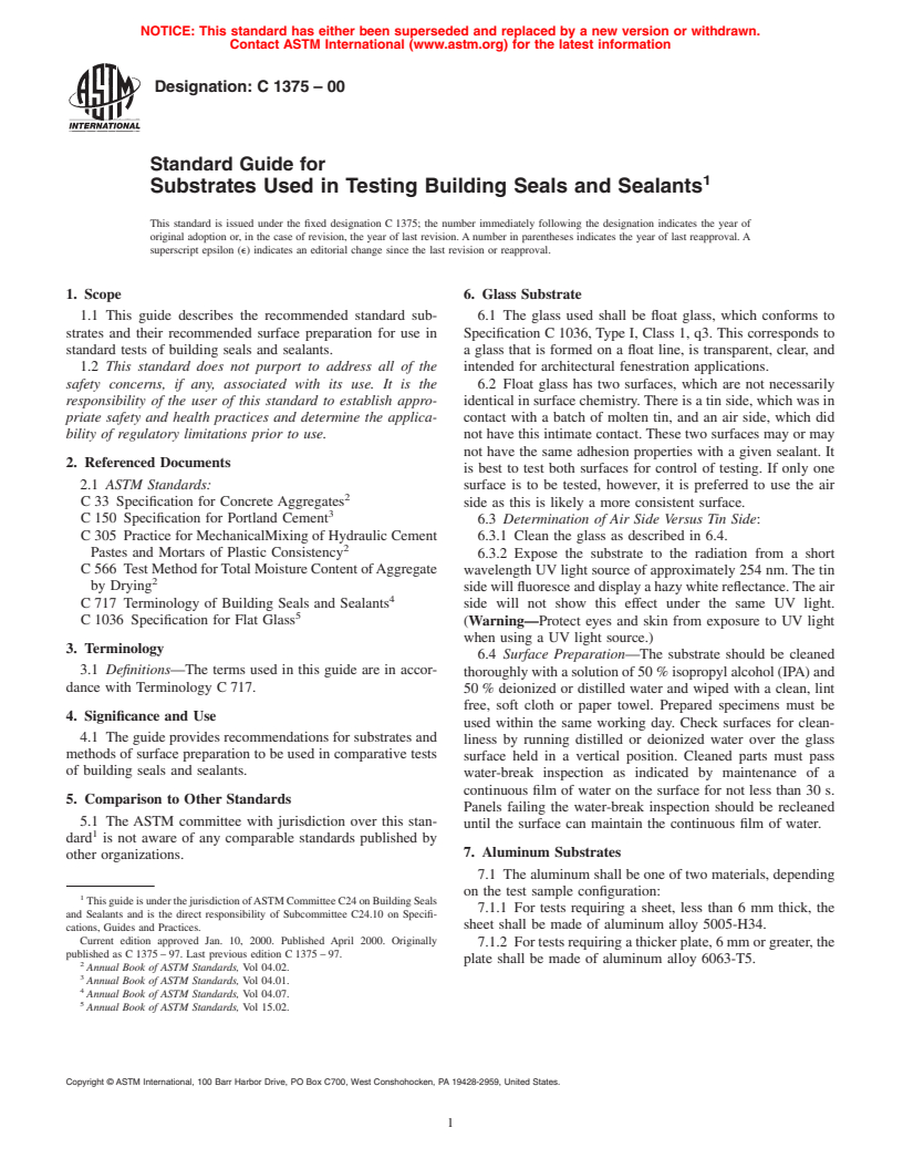 ASTM C1375-00 - Standard Guide for Substrates Used in Testing Building Seals and Sealants