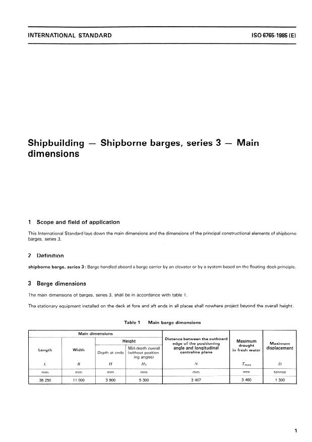 ISO 6765:1985 - Shipbuilding -- Shipborne barges, series 3 -- Main dimensions