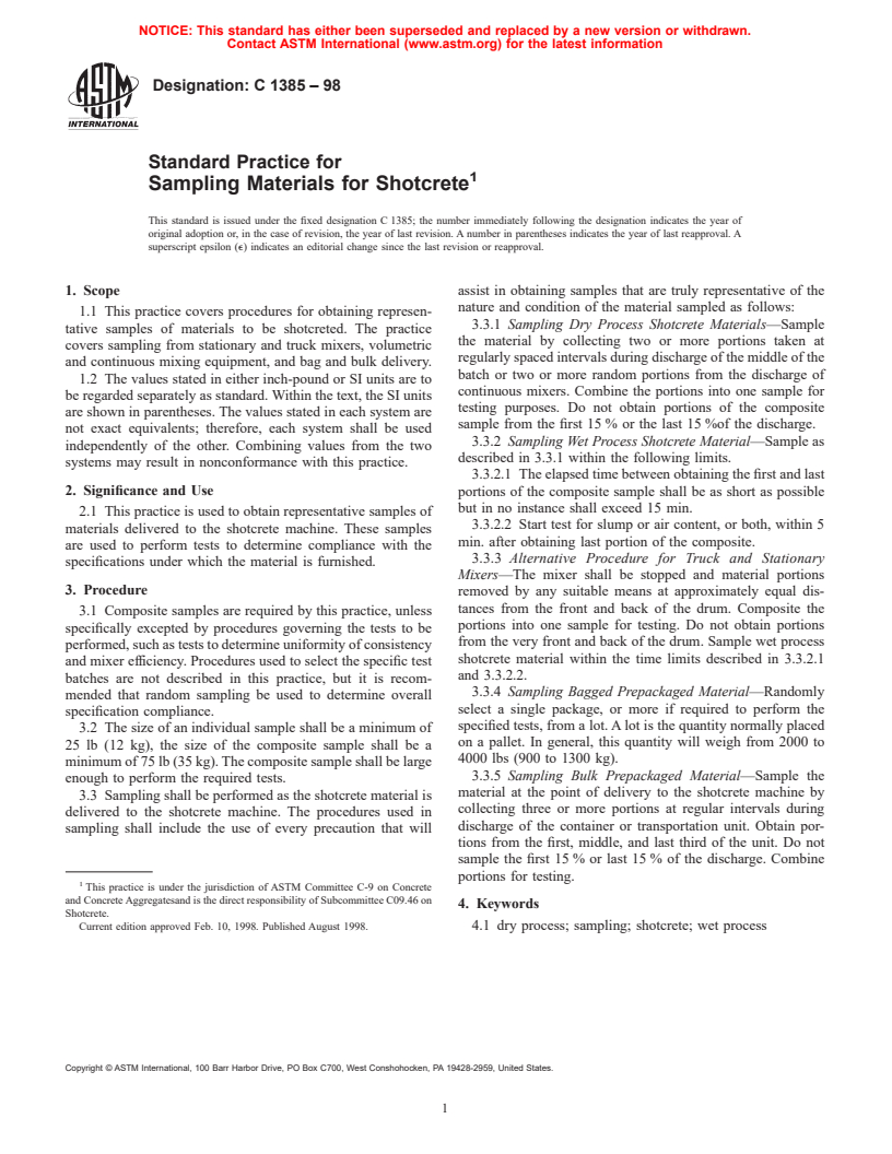 ASTM C1385-98 - Standard Practice for Sampling Materials for Shotcrete