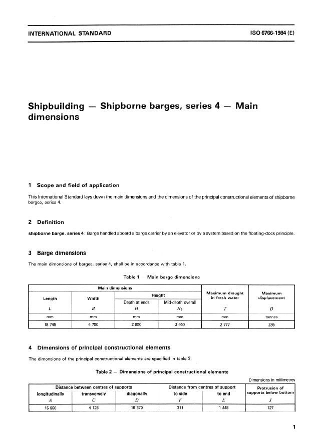 ISO 6766:1984 - Shipbuilding -- Shipborne barges, series 4 -- Main dimensions