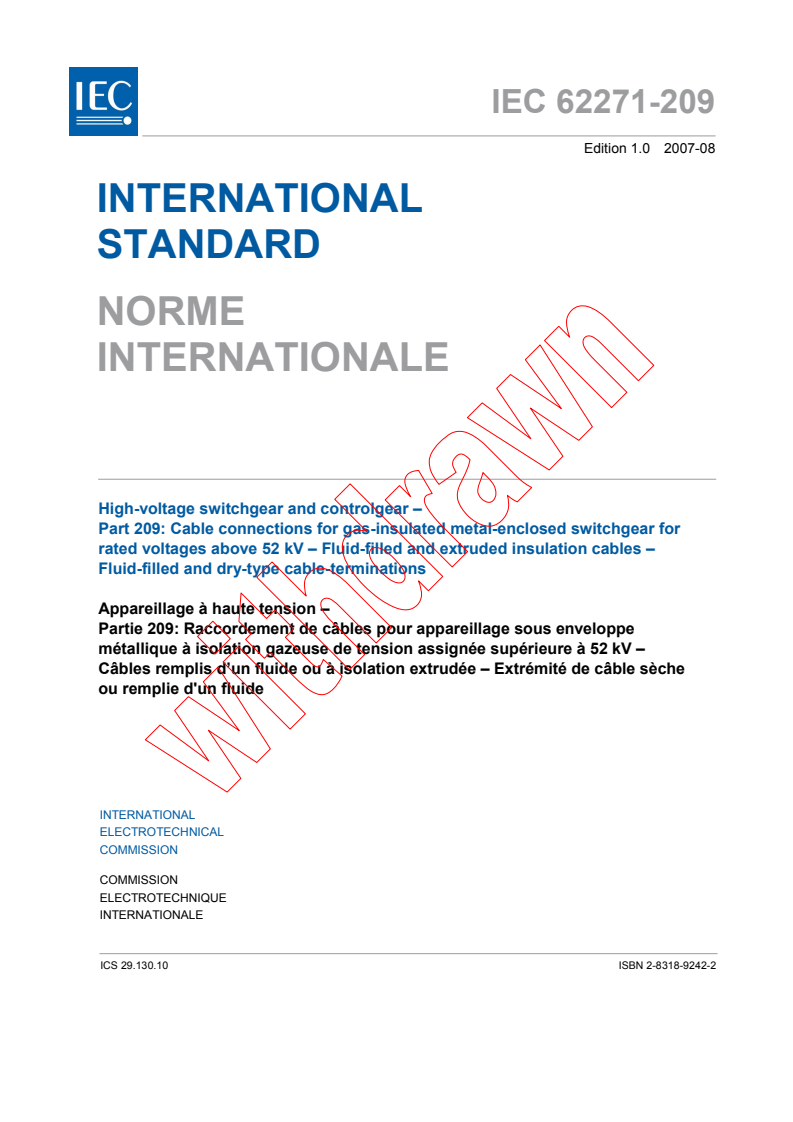 IEC 62271-209:2007 - High-voltage switchgear and controlgear - Part 209: Cable connections for gas-insulated metal-enclosed switchgear for rated voltages above 52 kV - Fluid-filled and extruded insulation cables - Fluid-filled and dry-type cable-terminations
Released:8/9/2007
Isbn:2831892422