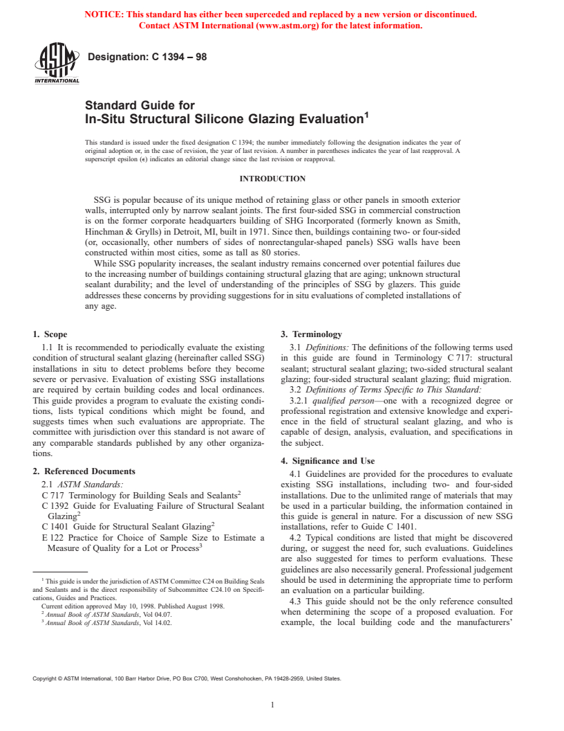 ASTM C1394-98 - Standard Guide for In-Situ Structural Silicone Glazing Evaluation