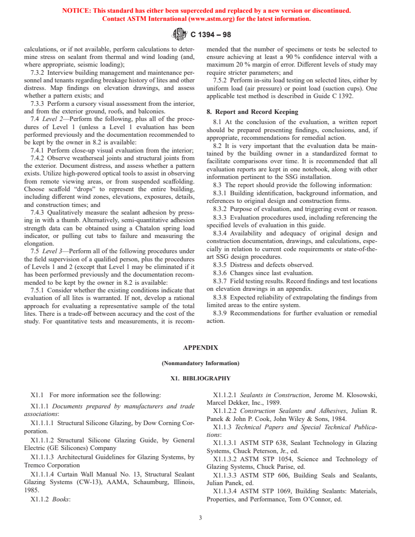 ASTM C1394-98 - Standard Guide for In-Situ Structural Silicone Glazing Evaluation