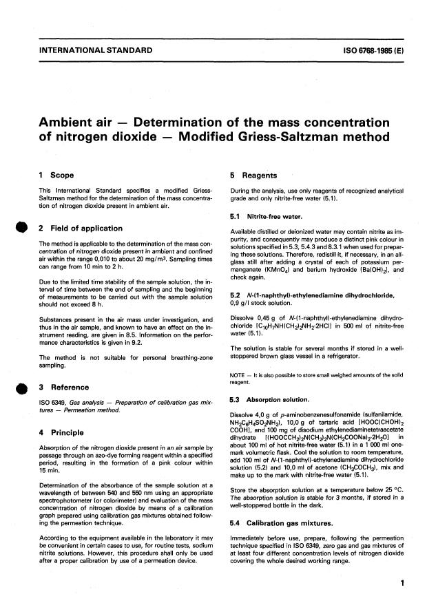 ISO 6768:1985 - Ambient air -- Determination of the mass concentration of nitrogen dioxide -- Modified Griess-Saltzman method