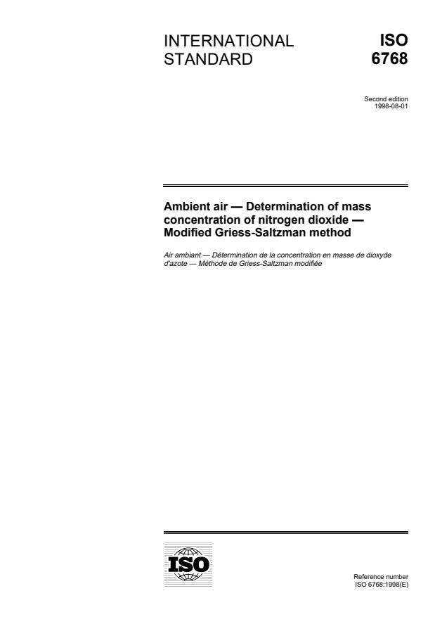 ISO 6768:1998 - Ambient air -- Determination of mass concentration of nitrogen dioxide -- Modified Griess-Saltzman method