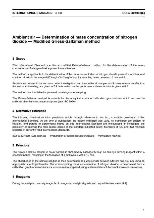 ISO 6768:1998 - Ambient air -- Determination of mass concentration of nitrogen dioxide -- Modified Griess-Saltzman method