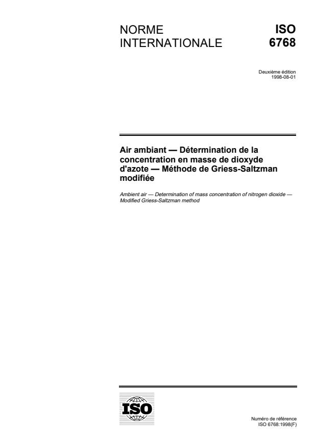 ISO 6768:1998 - Air ambiant -- Détermination de la concentration en masse de dioxyde d'azote -- Méthode de Griess-Saltzman modifiée