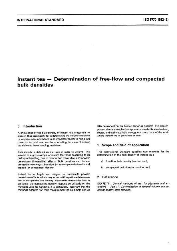 ISO 6770:1982 - Instant tea -- Determination of free-flow and compacted bulk densities