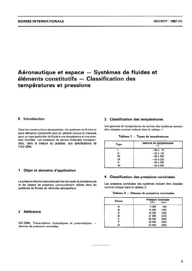 ISO 6771:1987 - Aéronautique et espace -- Systemes de fluides et éléments constitutifs -- Classification des températures et pressions