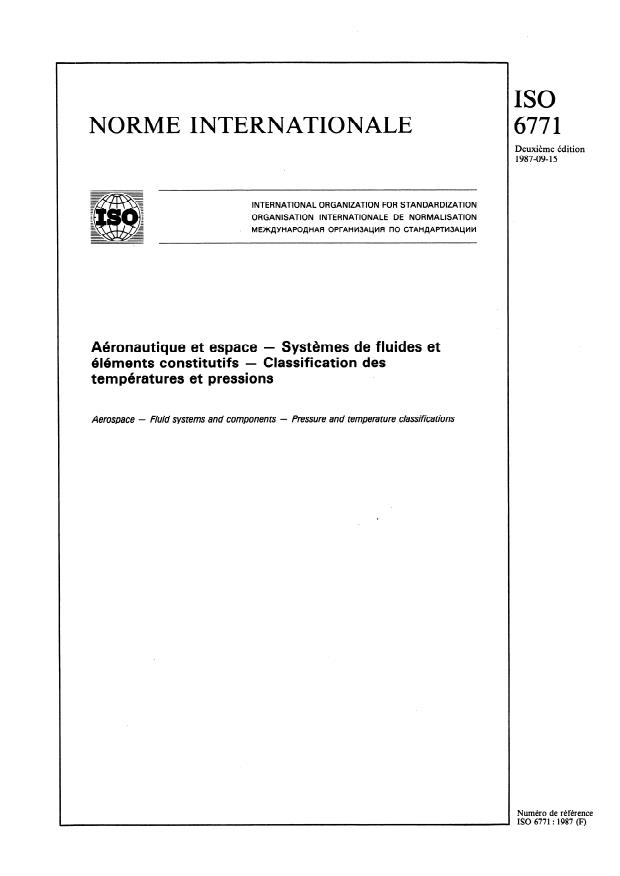 ISO 6771:1987 - Aéronautique et espace -- Systemes de fluides et éléments constitutifs -- Classification des températures et pressions