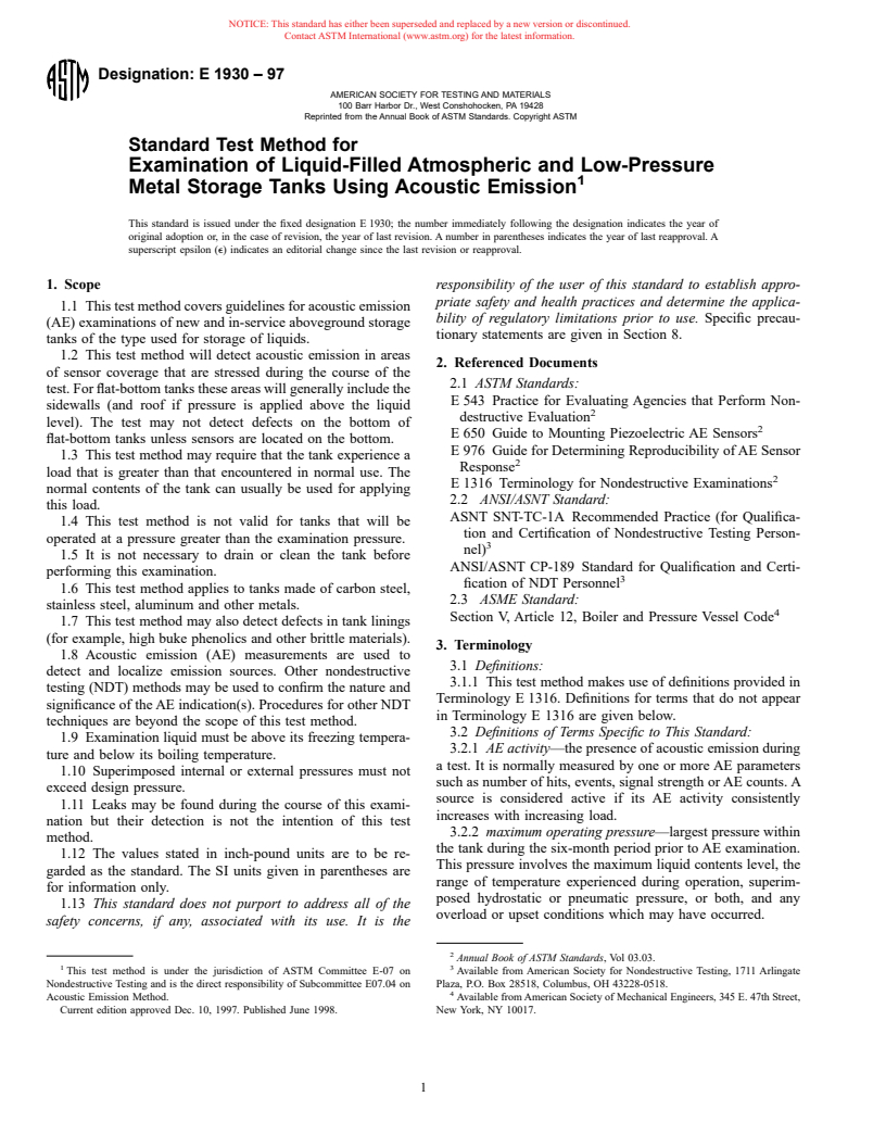 ASTM E1930-97 - Standard Test Method for Examination of Liquid Filled Atmospheric and Low Pressure Metal Storage Tanks Using Acoustic Emission