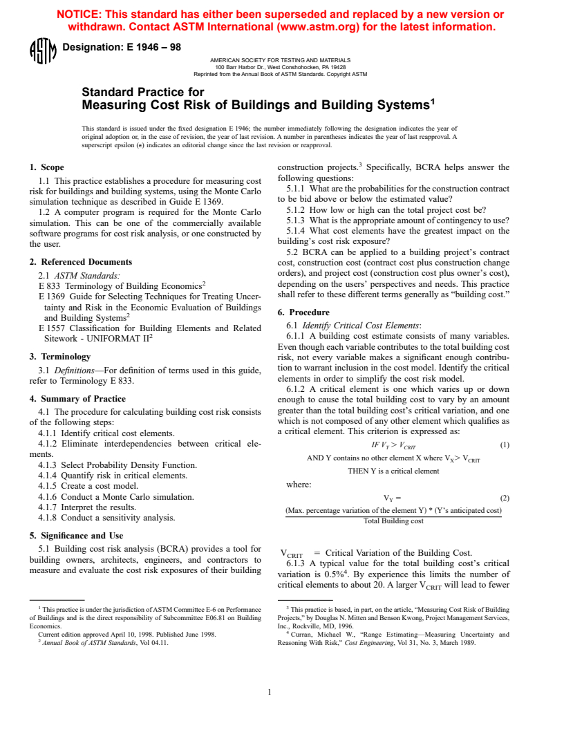 ASTM E1946-98 - Standard Practice for Measuring Cost Risk of Buildings and Building Systems