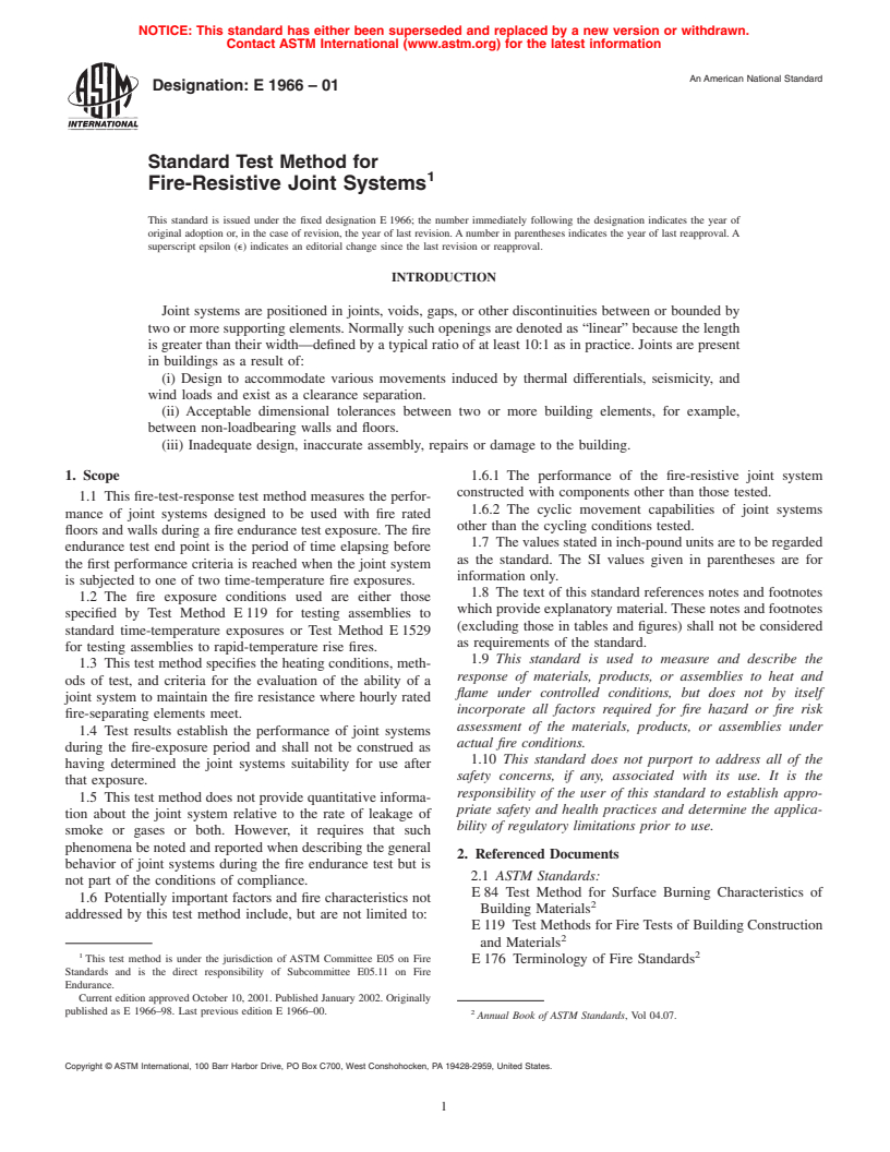 ASTM E1966-01 - Standard Test Method for Fire-Resistive Joint Systems