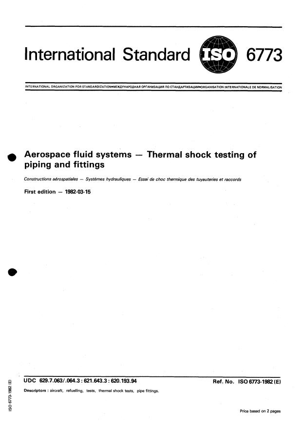 ISO 6773:1982 - Aerospace fluid systems -- Thermal shock testing of piping and fittings