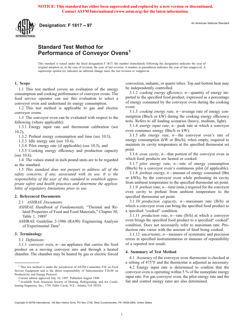 ASTM F1817-97 - Standard Test Method for The Performance of Conveyor Ovens