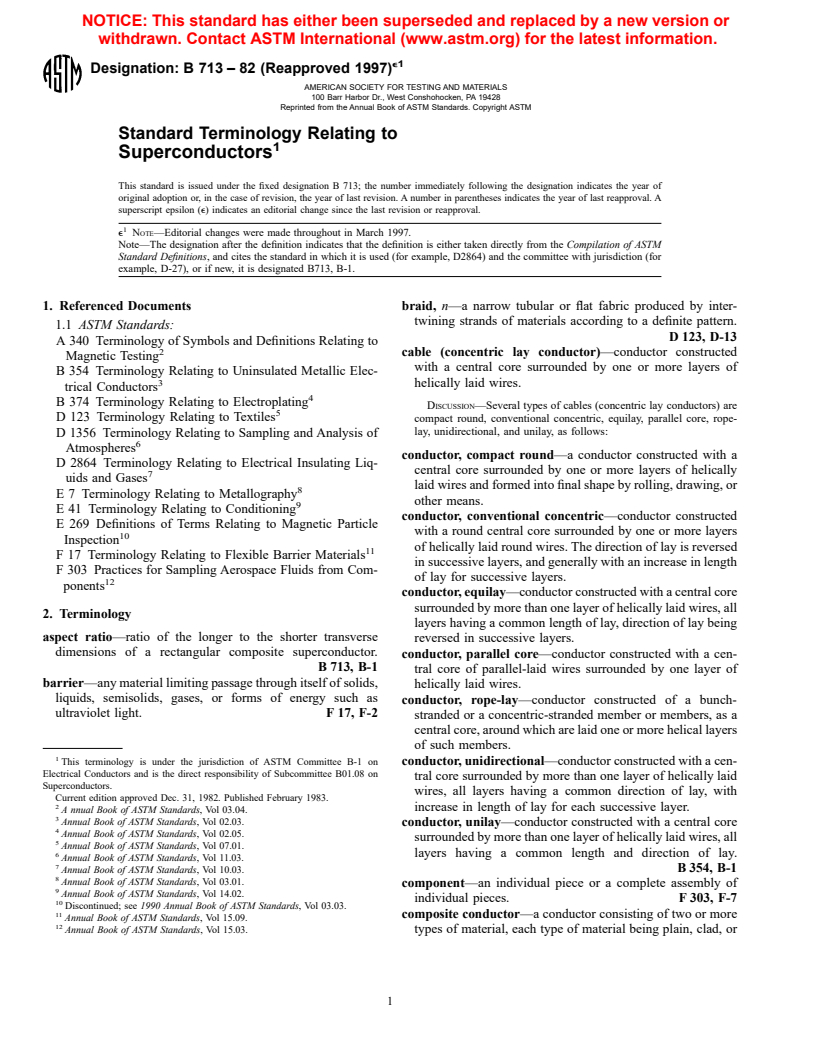 ASTM B713-82(1997)e1 - Standard Terminology Relating to Superconductors (Withdrawn 2001)