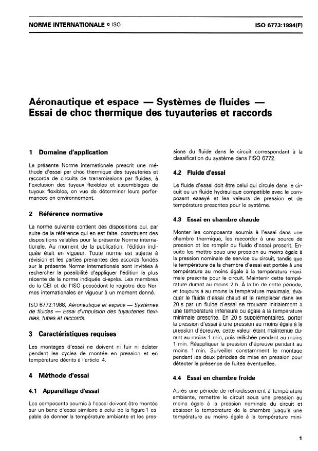 ISO 6773:1994 - Aéronautique et espace -- Systemes de fluides -- Essai de choc thermique des tuyauteries et raccords