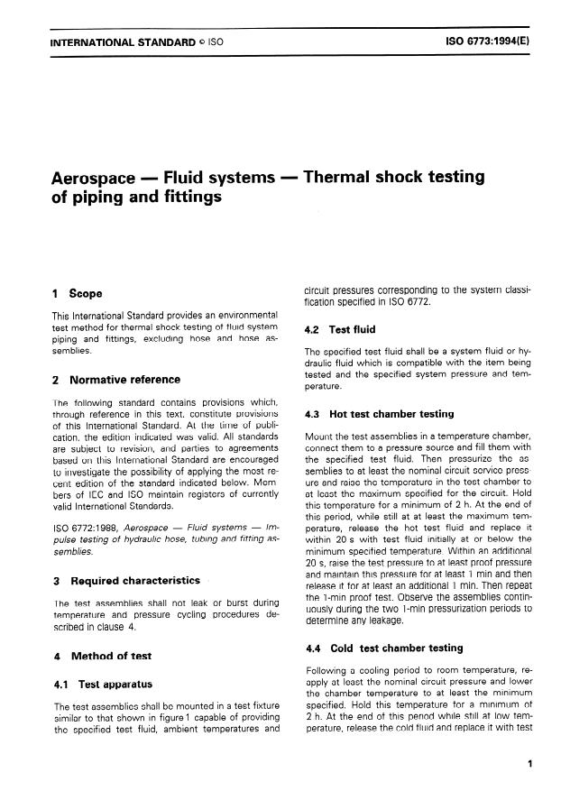 ISO 6773:1994 - Aerospace -- Fluid systems -- Thermal shock testing of piping and fittings