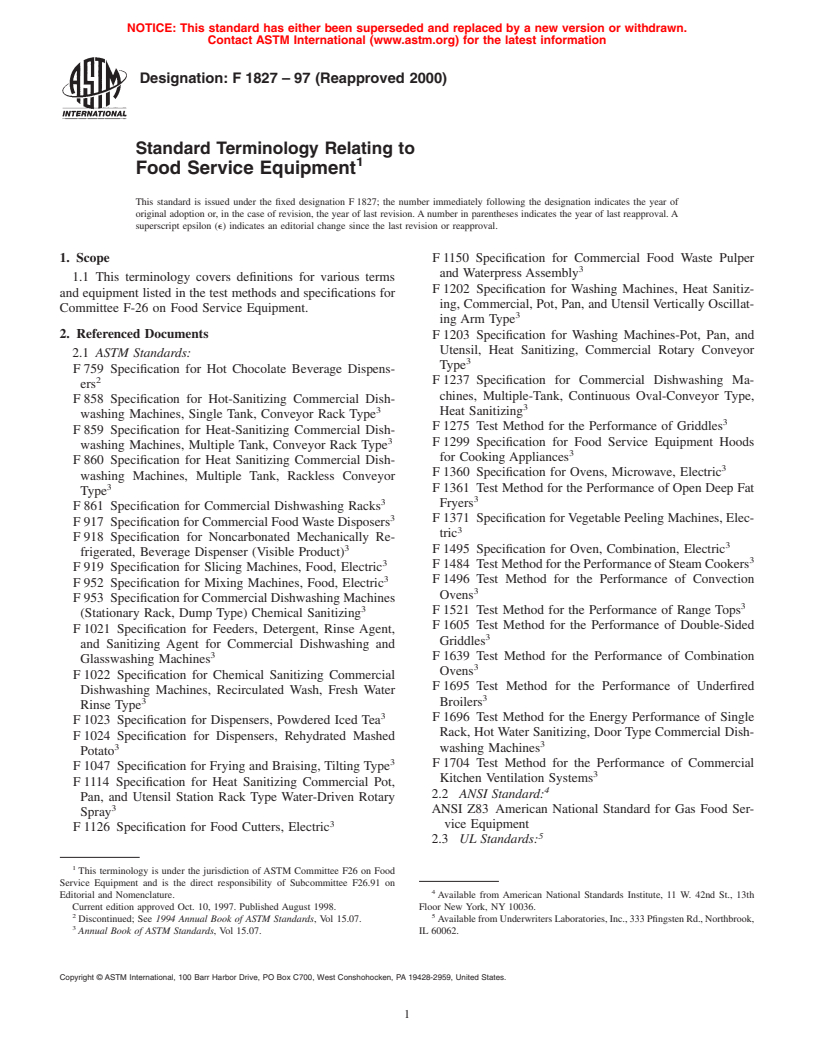 ASTM F1827-97(2000) - Standard Terminology Relating to Food Service Equipment