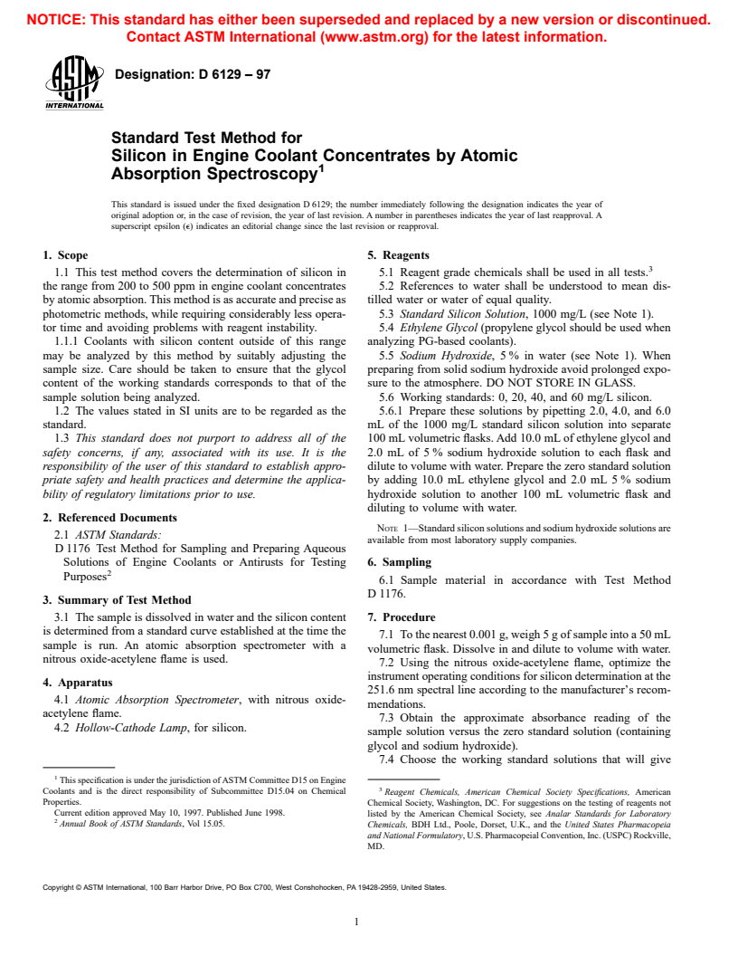 ASTM D6129-97 - Standard Test Method for Silicon in Engine Coolant Concentrates by Atomic Absorption Spectroscopy