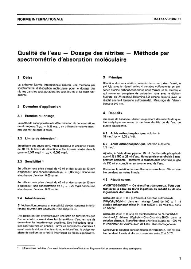 ISO 6777:1984 - Qualité de l'eau -- Dosage des nitrites -- Méthode par spectrométrie d'absorption moléculaire