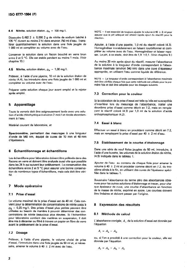 ISO 6777:1984 ISO 6777:1984 - Qualité de l'eau -- Dosage des nitrites -- Méthode par spectrométrie d'absorption moléculaire - Page 4 preview