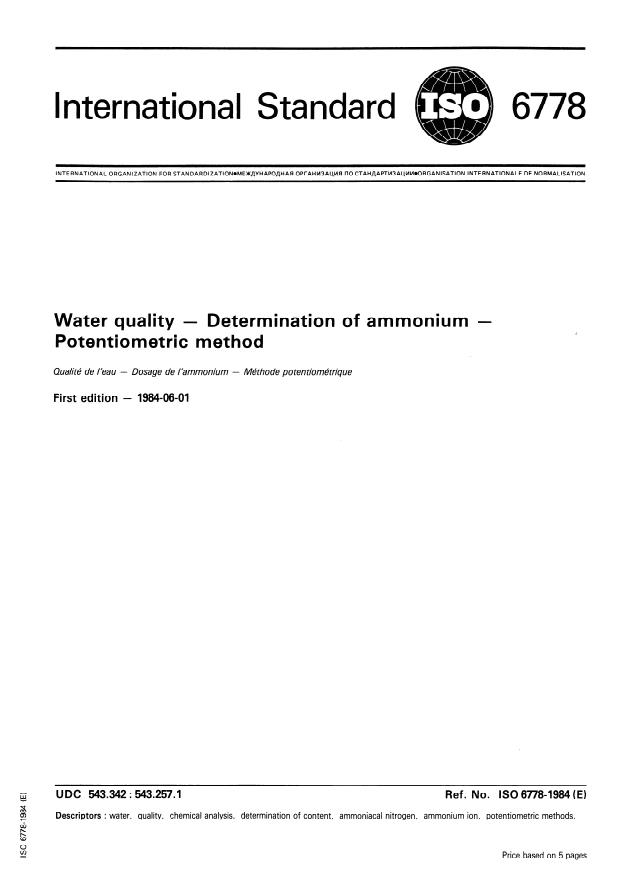 ISO 6778:1984 - Water quality -- Determination of ammonium -- Potentiometric method