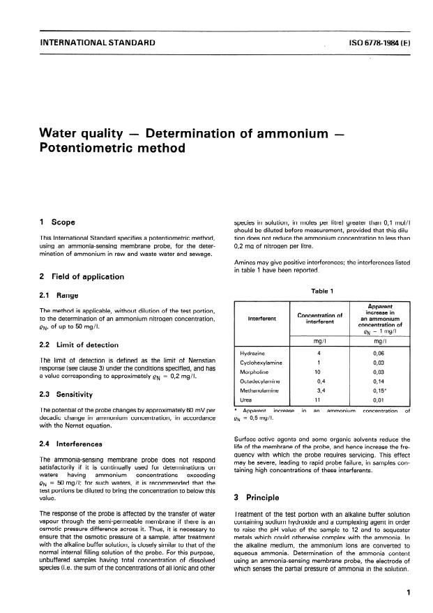 ISO 6778:1984 - Water quality -- Determination of ammonium -- Potentiometric method