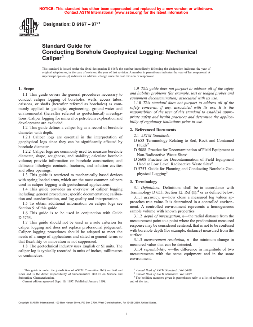 ASTM D6167-97e1 - Standard Guide for Conducting Borehole Geophysical Logging: Mechanical Caliper