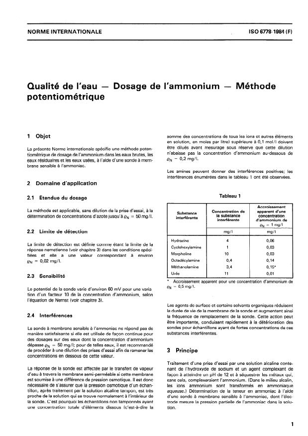 ISO 6778:1984 - Qualité de l'eau -- Dosage de l'ammonium -- Méthode potentiométrique