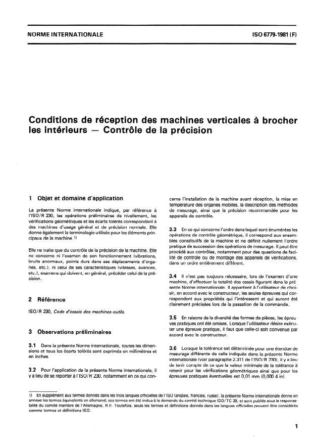 ISO 6779:1981 - Conditions de réception des machines verticales a brocher les intérieurs -- Contrôle de la précision
