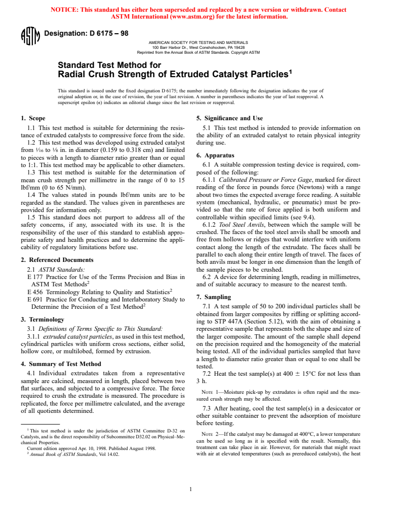 ASTM D6175-98 - Standard Test Method for Radial Crush Strength of Extruded Catalyst Particles