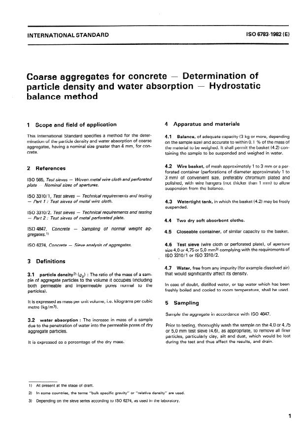 ISO 6783:1982 - Coarse aggregates for concrete -- Determination of particle density and water absorption -- Hydrostatic balance method