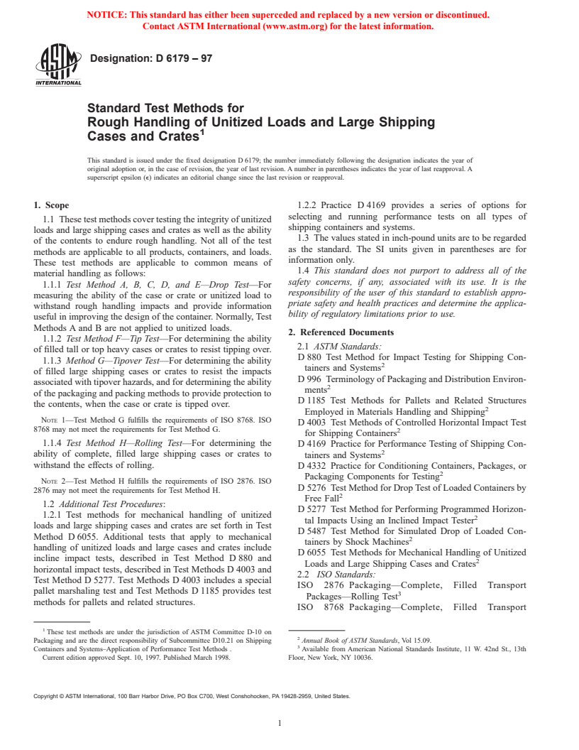 ASTM D6179-97 - Standard Test Methods for Rough Handling of Unitized Loads and Large Shipping Cases and Crates