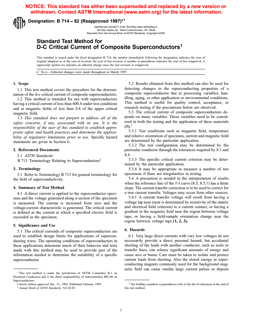 ASTM B714-82(1997)e1 - Standard Test Method for D-C Critical Current of Composite Superconductors (Withdrawn 2001)