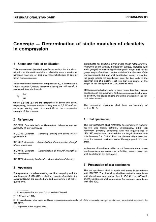 ISO 6784:1982 - Concrete -- Determination of static modulus of elasticity in compression