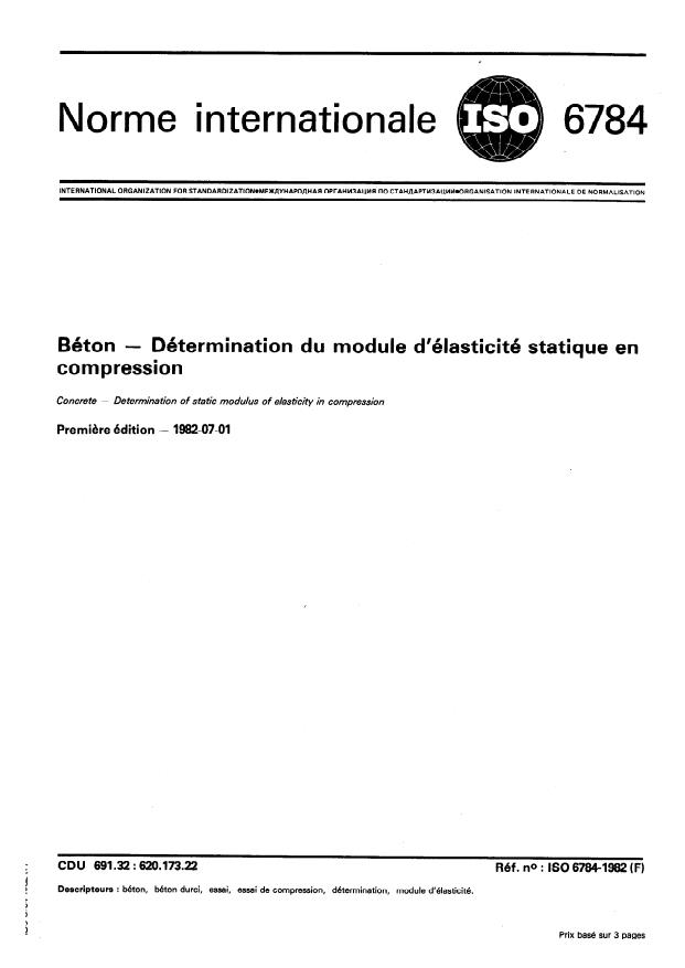 ISO 6784:1982 - Béton -- Détermination du module d'élasticité statique en compression