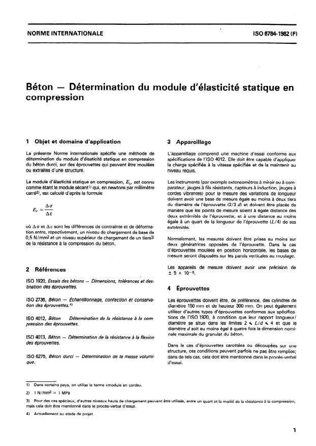 ISO 6784:1982 - Béton -- Détermination du module d'élasticité statique en compression