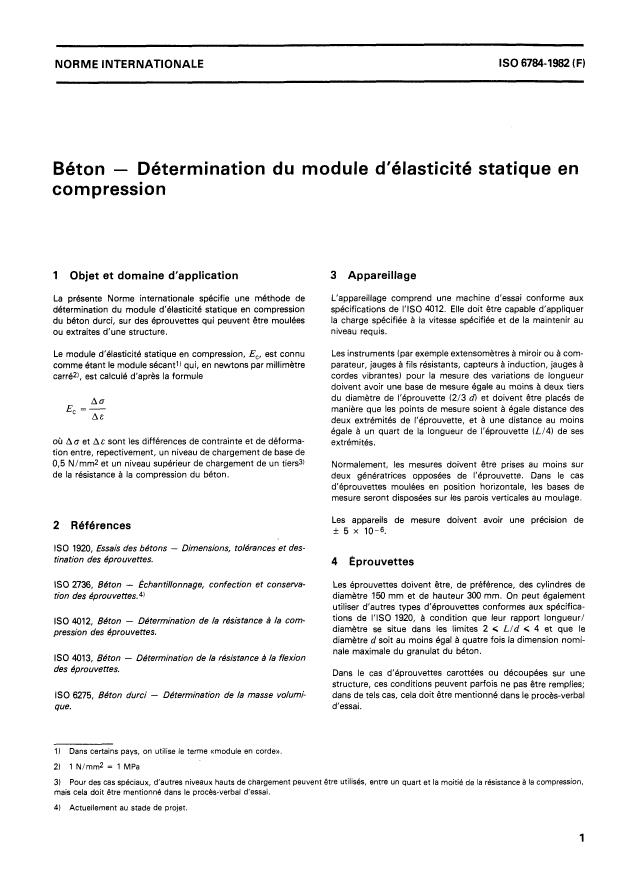 ISO 6784:1982 - Béton -- Détermination du module d'élasticité statique en compression