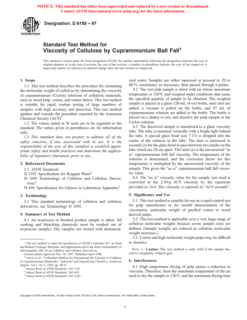 ASTM D6188-97 - Standard Test Method for Viscosity of Cellulose by Cuprammonium Ball Fall