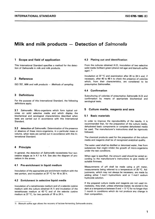 ISO 6785:1985 - Milk and milk products --  Detection of salmonella