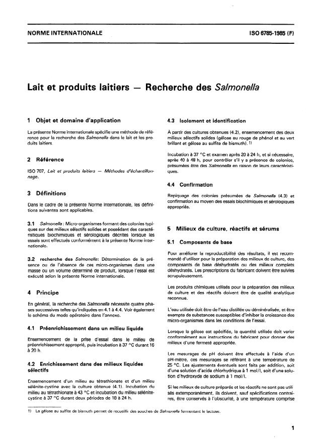ISO 6785:1985 - Lait et produits laitiers -- Recherche des Salmonella