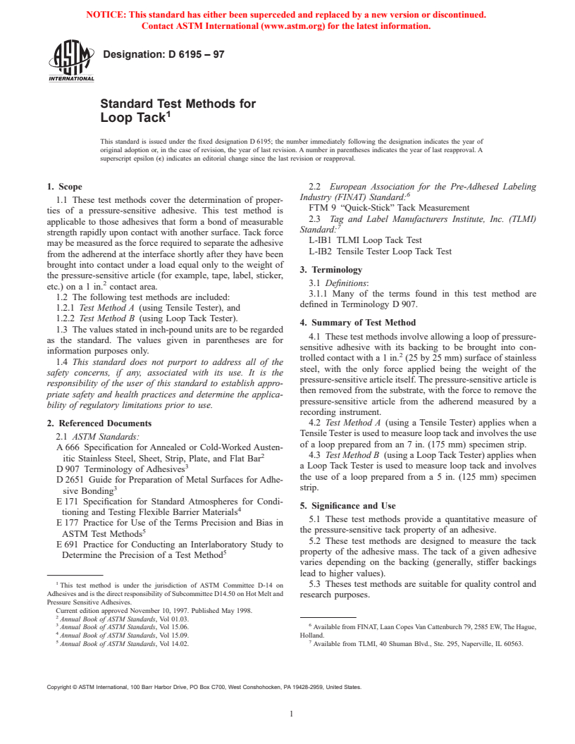 ASTM D6195-97 - Standard Test Methods for Loop Tack