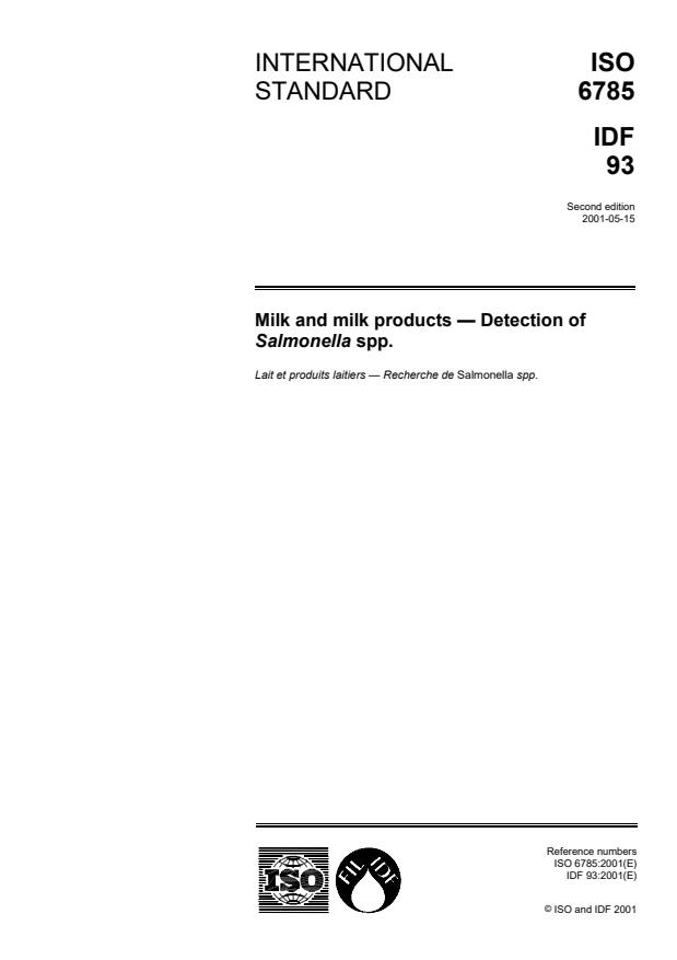 ISO 6785:2001 - Milk and milk products -- Detection of Salmonella spp.