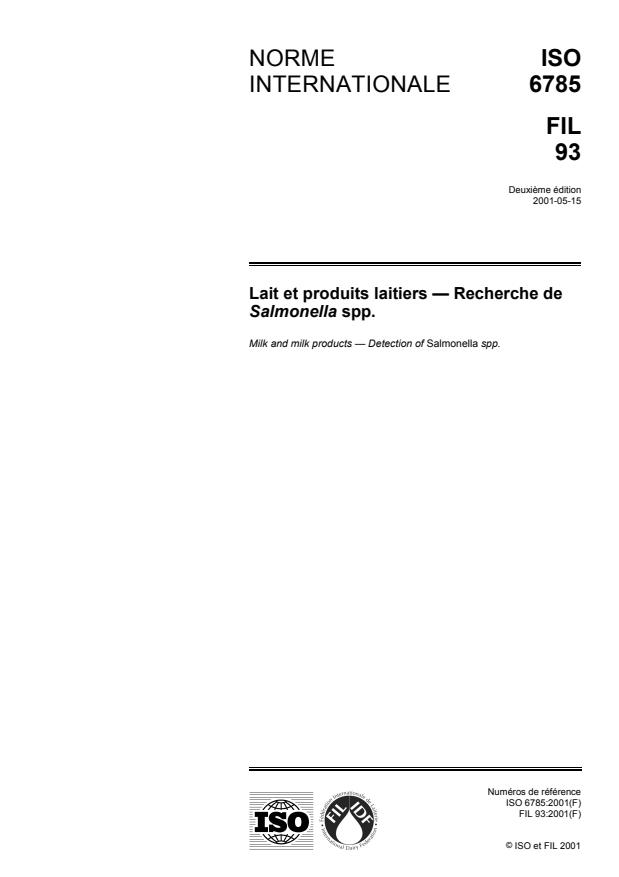 ISO 6785:2001 - Lait et produits laitiers -- Recherche de Salmonella spp.