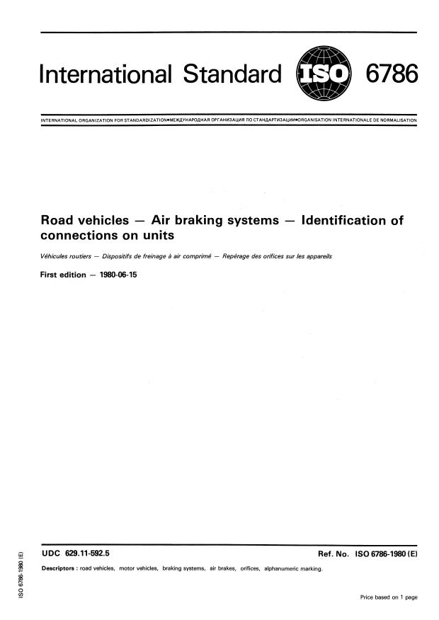 ISO 6786:1980 - Road vehicles -- Air braking systems -- Identification of connections on units