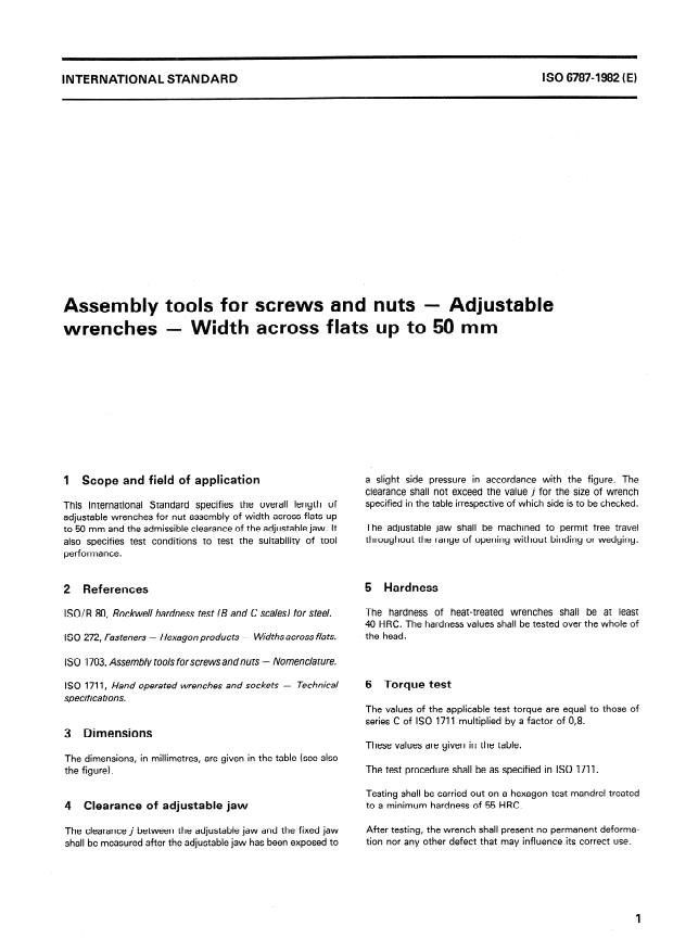 ISO 6787:1982 - Assembly tools for screws and nuts -- Adjustable wrenches -- Width across flats up to 50 mm