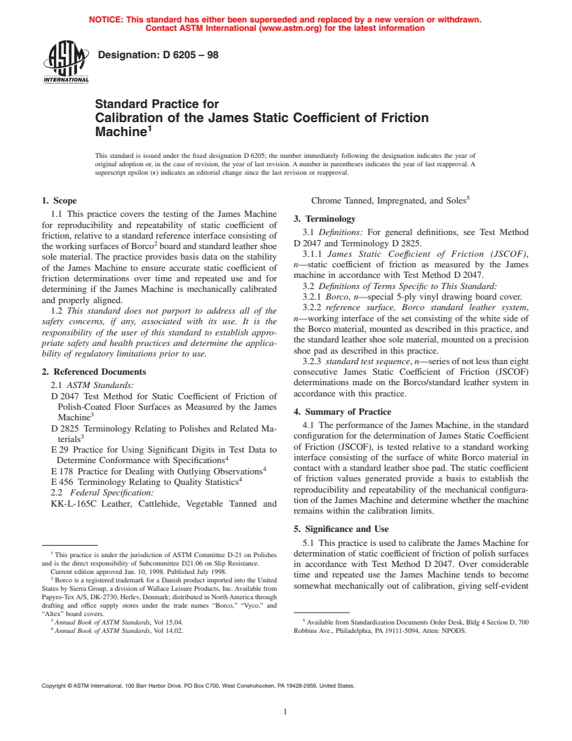 ASTM D6205-98 - Standard Practice for Calibration of the James Static Coefficient of Friction Machine