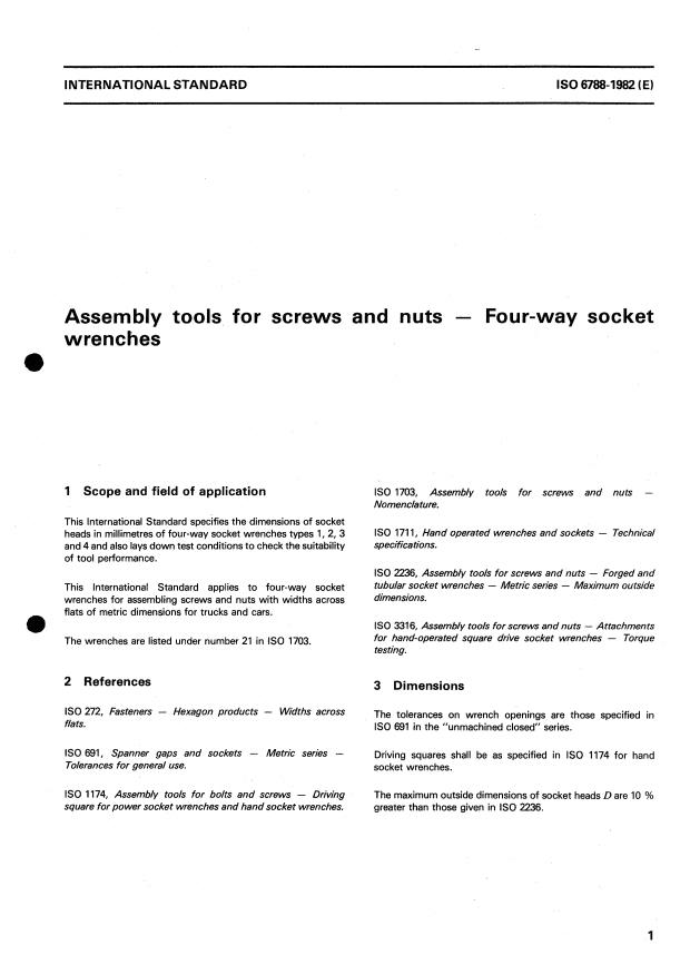 ISO 6788:1982 - Assembly tools for screws and nuts -- Four-way socket wrenches